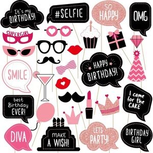 Party Photo Booth Props Set - Black, Pink, White